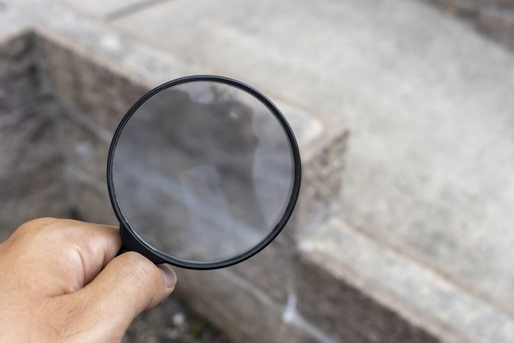 庭のブロック塀を虫眼鏡で見ている様子