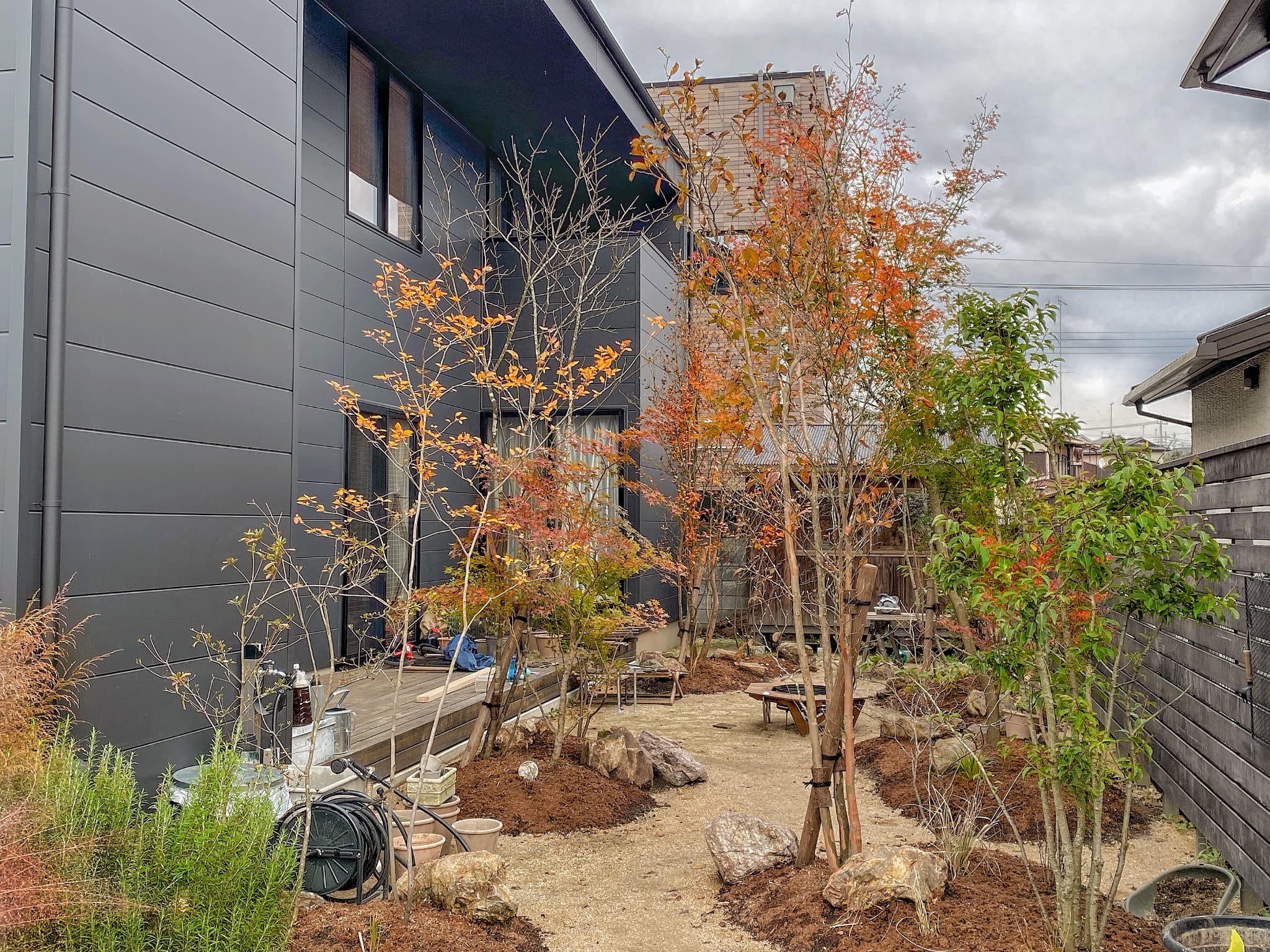 黒い家にオレンジ色に色づいた植物が印象的な庭