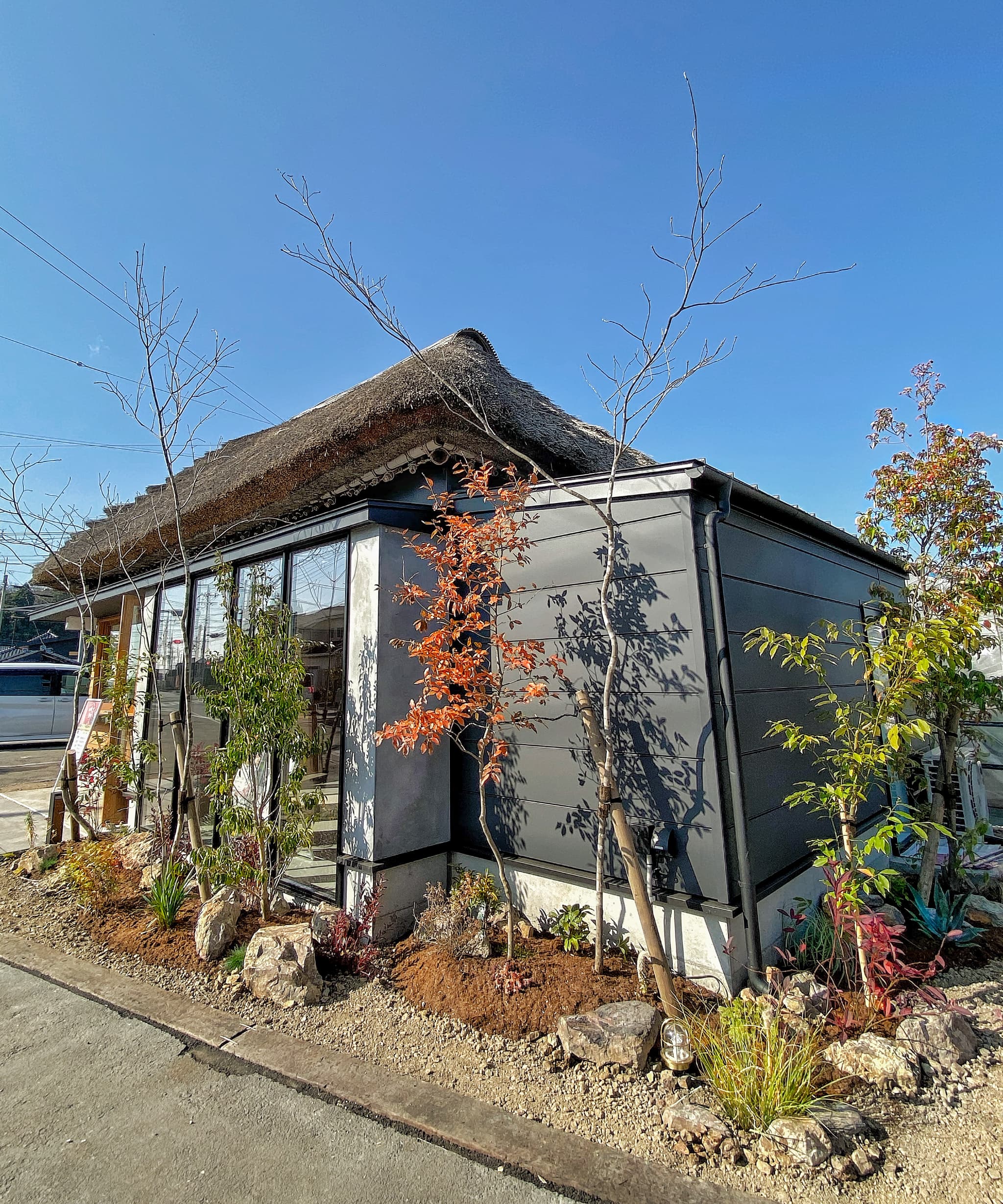 茅葺き屋根が印象的な黒い建物の周辺に植物が生えている