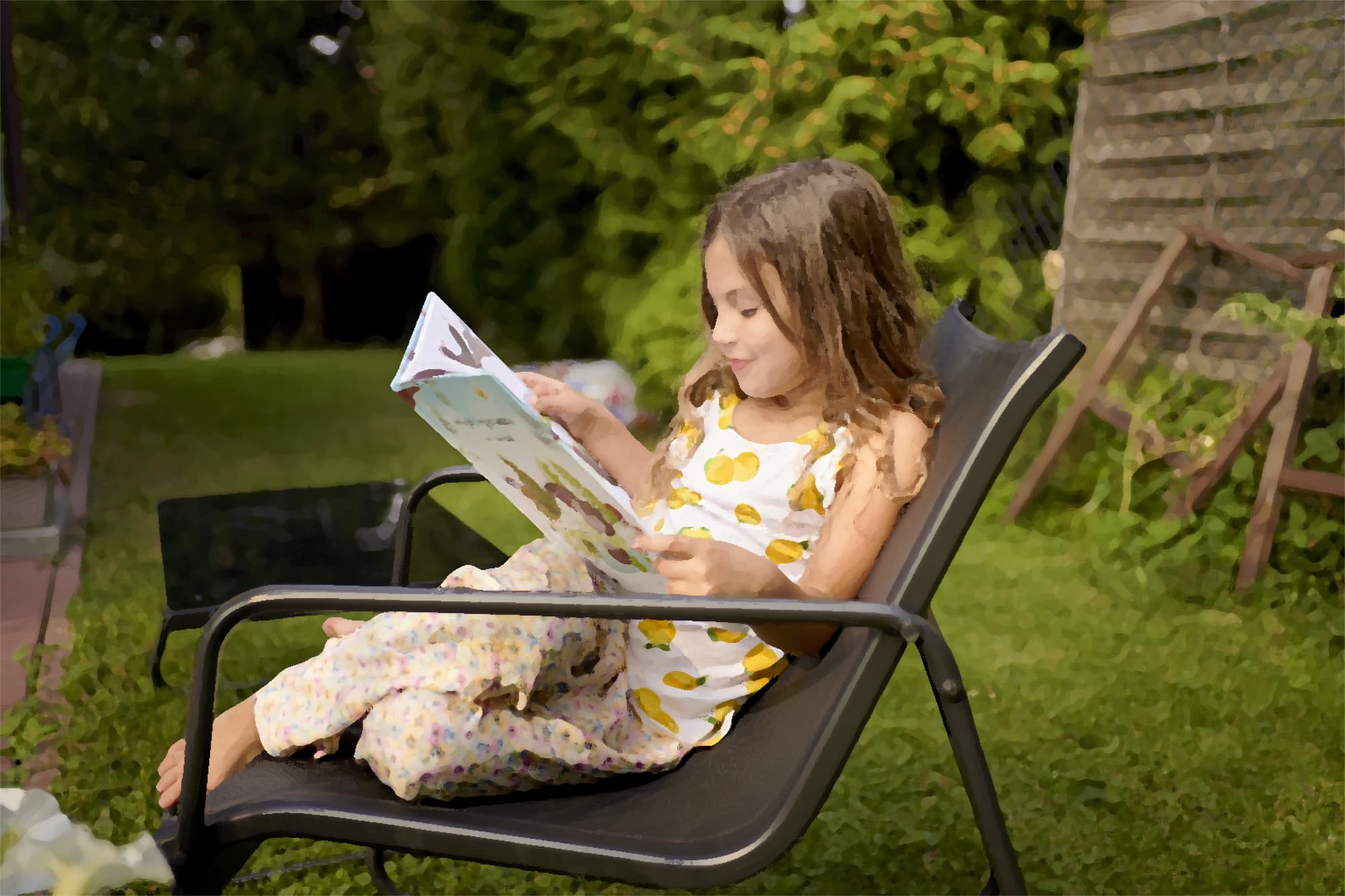 女の子が庭のベンチで絵本を読む様子
